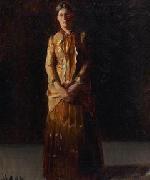 Michael Ancher Portrait of Anna Ancher Standing in a Yellow Dress by her husband Michael Ancher oil painting artist
